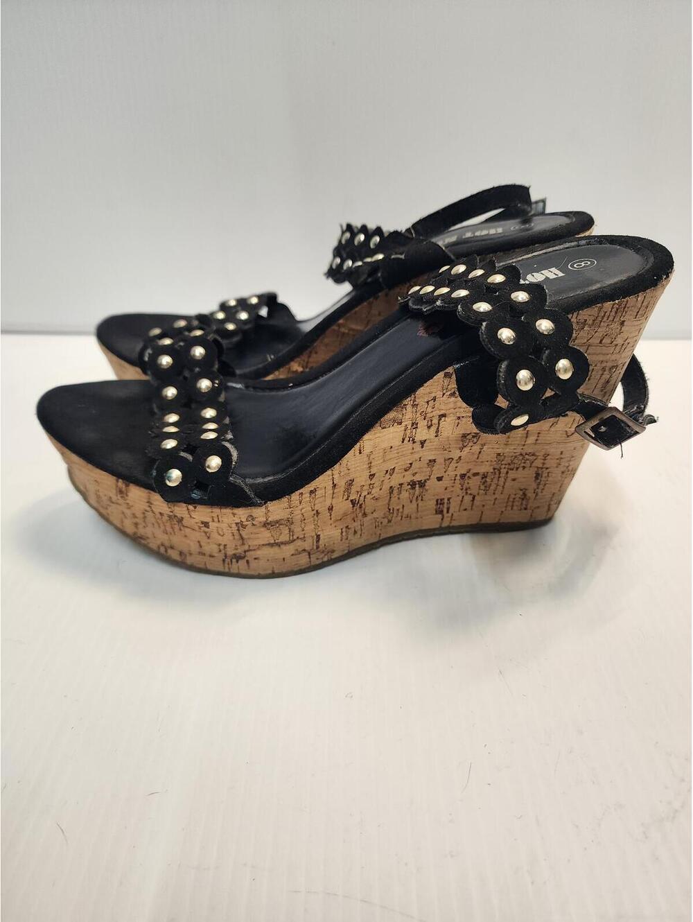 Size 8 Y2k Hot Kiss Black Studded Cork Wedge Sandals